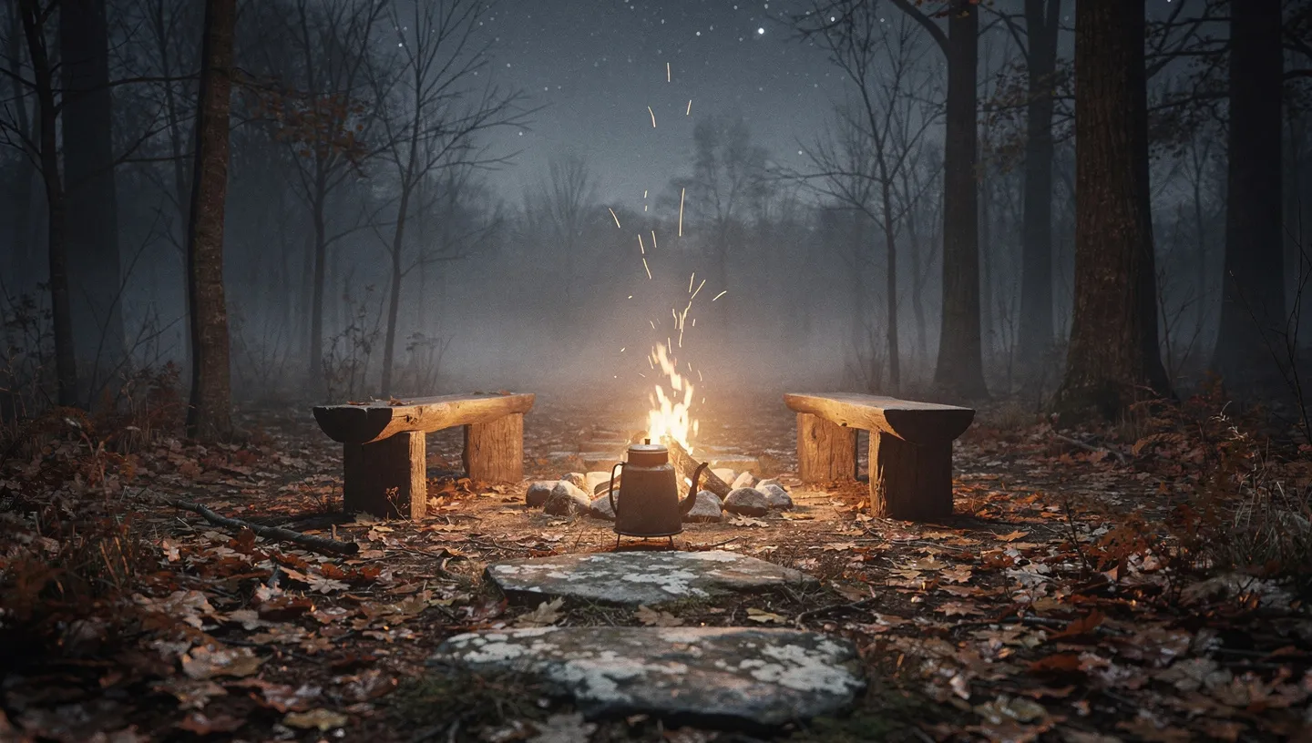 A campfire between two empty log seats in a forest clearing at dusk